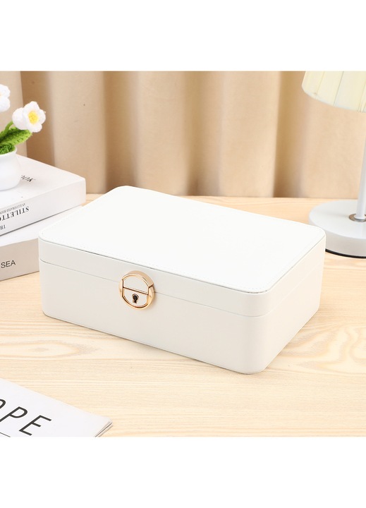 Cutie de bijuterii cu strat dublu, cutie de depozitare pentru bijuterii cu maner, tava detasabila pentru bijuterii, depozitare pentru bijuterii, efect plutitor, 9, 9 x 6, 7 x 3, 3 inci, idee de cadou, alb