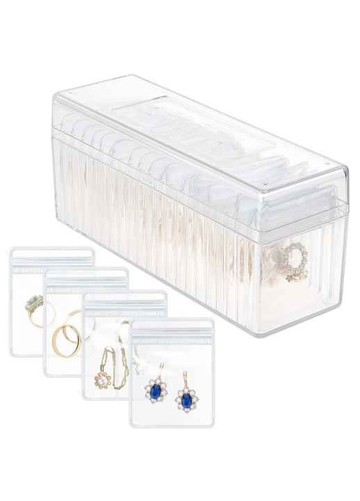 Organizator de cutie de bijuterii din acril, cutie transparenta pentru depozitarea bijuteriilor cu 20 de pungi portabile antirugina pentru bijuterii, cutie de bijuterii de calatorie pentru cercei/inele/coliere, cadou pentru femei si fete, transparenta