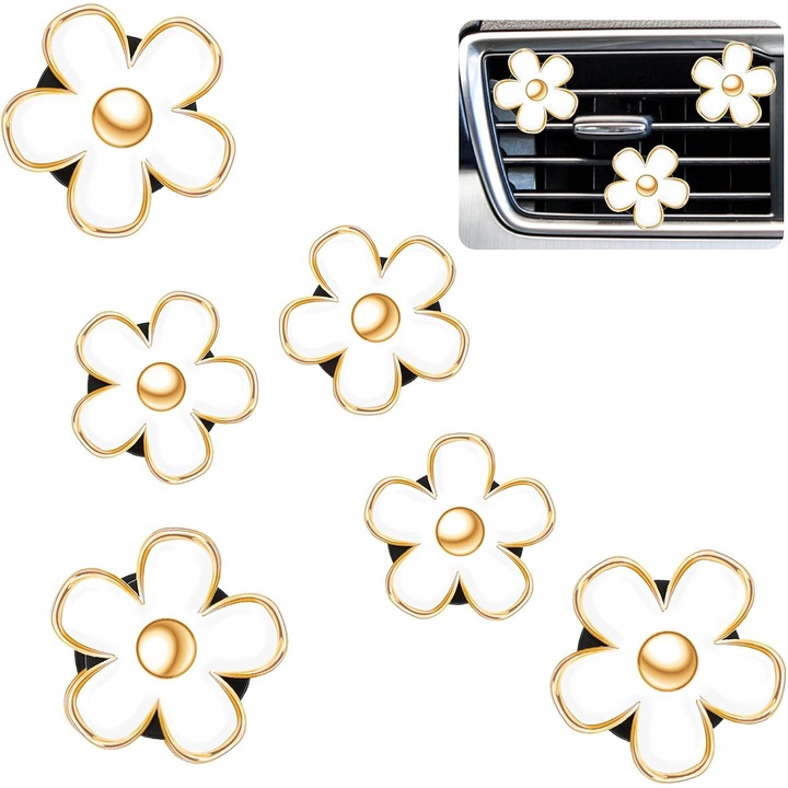 6 bucati cleme de ventilatie cu model de margarete, accesorii, cleme de ventilatie pentru aer conditionat, odorizant auto, accesoriu de bord, ornament, decoratiuni interioare auto (3 cm, alb)