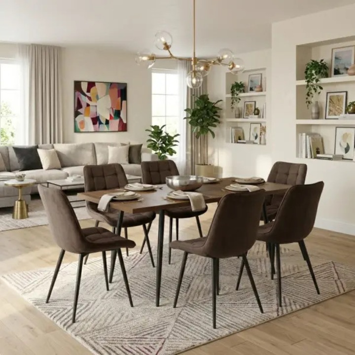 Set Masa Extensibila Bucatarie / Dining Lisabona Nuc ARTA TABLE 140-185 x 80 cm cu 6 Scaune Onix Maro, Tapitate Catifea, Picioare Metalice Negre