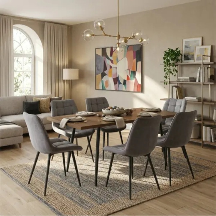 Set Masa Extensibila Bucatarie / Dining Lisabona Nuc ARTA TABLE 140-185 x 80 cm cu 6 Scaune Onix Gri, Tapitate Catifea, Picioare Metalice Negre