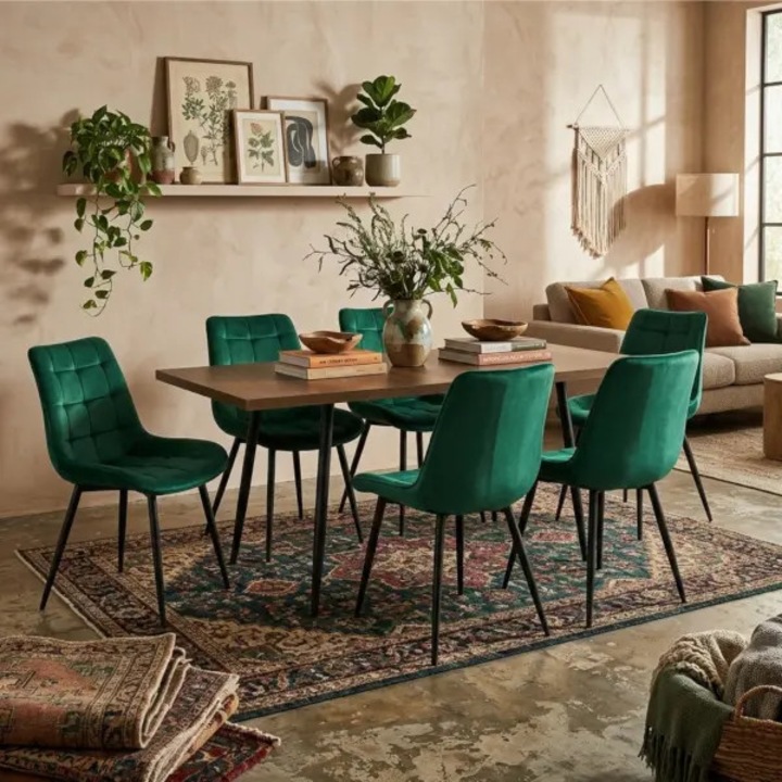 Set Masa Extensibila Bucatarie / Dining Lisabona Nuc ARTA TABLE 140-185 x 80 cm cu 6 Scaune Onix Verde, Tapitate Catifea, Picioare Metalice Negre