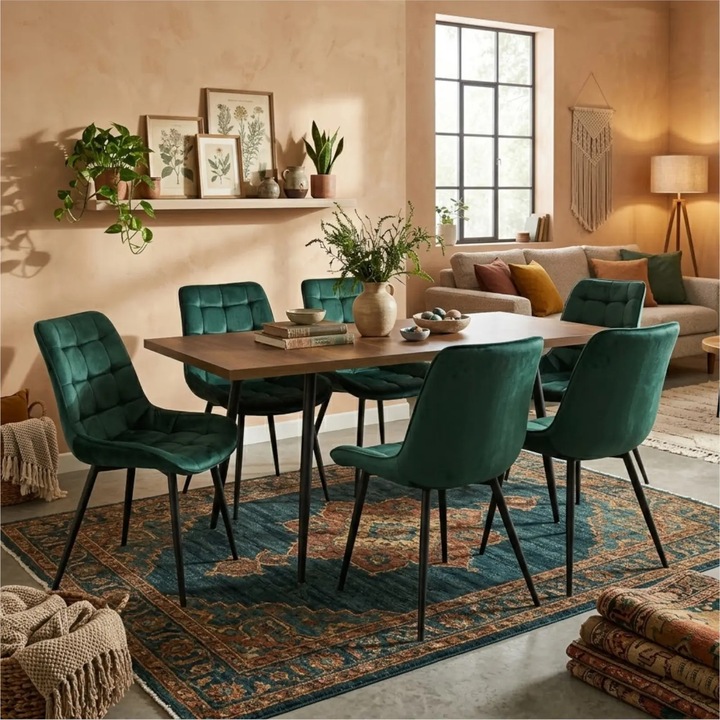 Set Masa Extensibila Bucatarie / Dining Lisabona Nuc ARTA TABLE 140-185 x 80 cm cu 6 Scaune Onix Verde Inchis, Tapitate Catifea, Picioare Metalice Negre