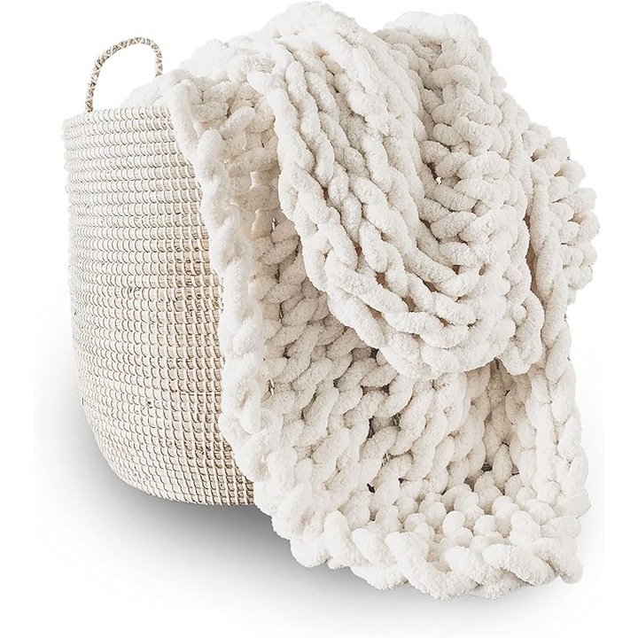 Patura tricotata gros, 100% tricotata manual cu fir de chenille Jumbo (40"x50", alb crem)