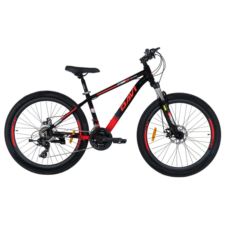 MTB kerékpár 26 hüvelykes Shimano, könnyű 13" váz, 145-170 cm, 21 sebesség, alumínium, rugózás, fekete/piros, Davi Montaro