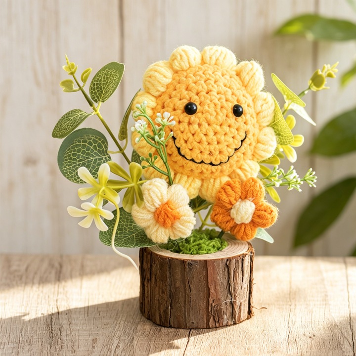 Floare crosetata decorativa, ghiveci din lemn cu baza naturala, tricotata manual din lana cu fata zambitoare, flori artificiale incluse, Include o felicitare,7x7x16 cm, galben, cadou pentru birou, masa, absolvire sau Ziua Mamei