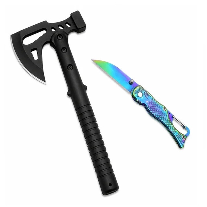 Set topor si briceag metalic DEPOX®, otel inoxidabil, negru/multicolor, 42 cm/15 cm, teaca inclusa