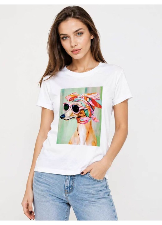 Női fehér póló kutyás mintával, pamut elasztán, kényelmes rugalmas T-shirt