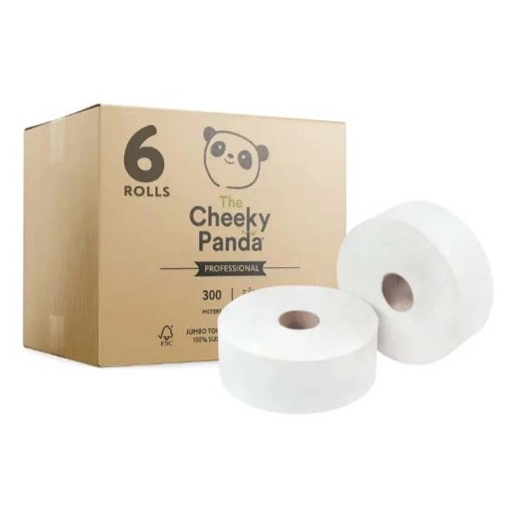 Hârtie igienică Cheeky Panda, rolă mare, bambus, 300 m/rolă, 2 straturi, 6 role/pachet, albă