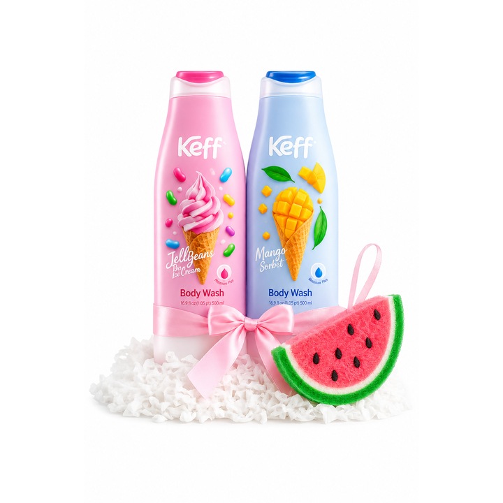 Set Gel de Dus Keff Candy Splash, Jelly Beans & Mango Sorbet, 2 x 500 ml + Burete de Baie Pepene