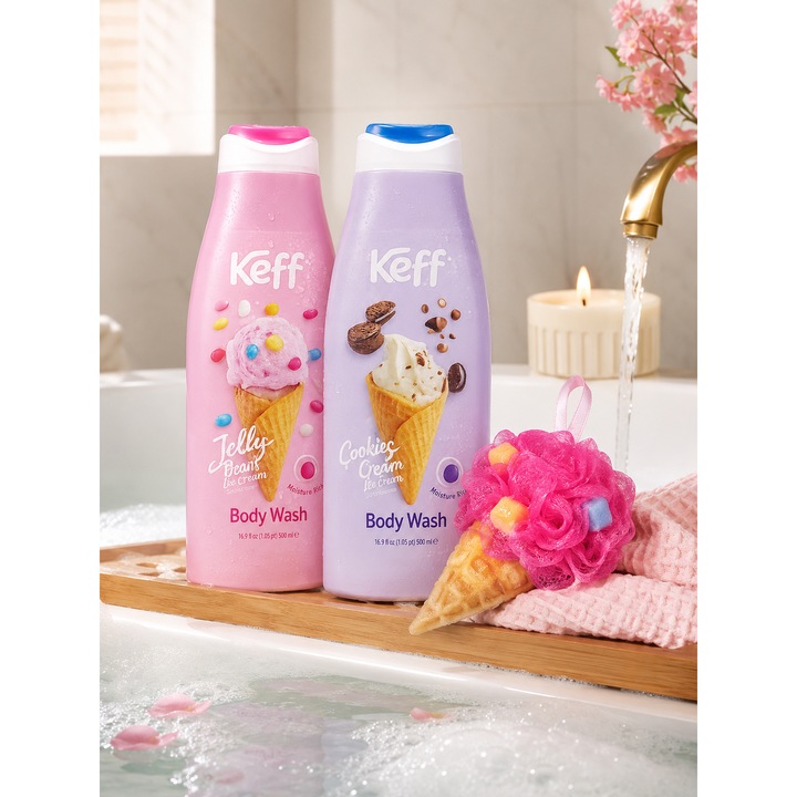 Set Gel de Dus Keff Sweet Duo, Jelly Beans + Cookies Cream, 2 x 500 ml + Burete de Baie in Forma de Inghetata