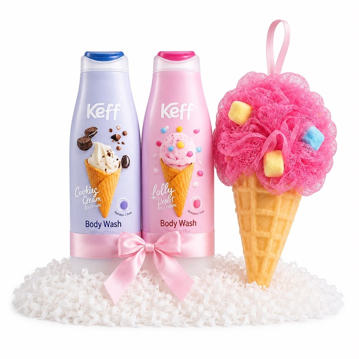 Set Gel de Dus Keff Sweet Duo, Jelly Beans + Cookies Cream, 2 x 500 ml + Burete de Baie in Forma de Inghetata