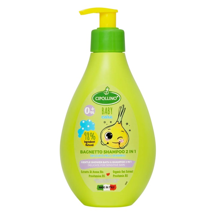 2 az 1-ben gyengéd tusfürdő és sampon, ideális érzékeny bababőrre, 0+ hónapos kortól, Cipollino Baby Care, 250 ml