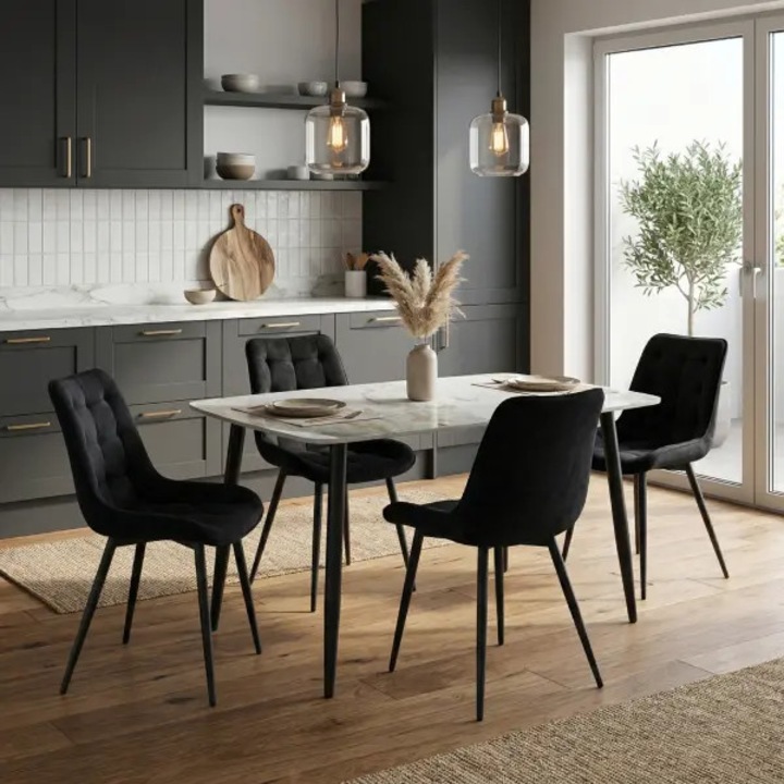 Set Masa Fixa Bucatarie / Dining Atlas Marble Figure ARTA TABLE 137.5 x 77.5 cm cu 4 Scaune Onix Negru, Tapitate Catifea, Picioare Metalice Negre