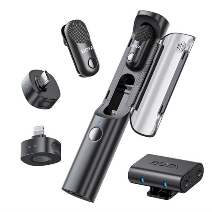 BOYA MAGIC-01 bluetooth mikrofon 2db (Type-C, lightning, 3.5 jack, csíptethető, zajszűrő, 2TX+3RX, állvány) FEKETE