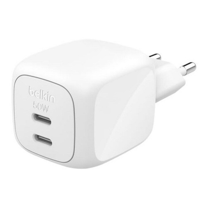 Belkin boostcharge pro hálózati töltő 2 type-c aljzat, 50w, gan, pd gyorstöltő, fehér