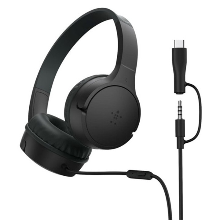 Belkin soundform mini vezetékes fejhallgató sztereo, 3.5mm jack+type-c, mikrofon, gyerek méret, fekete