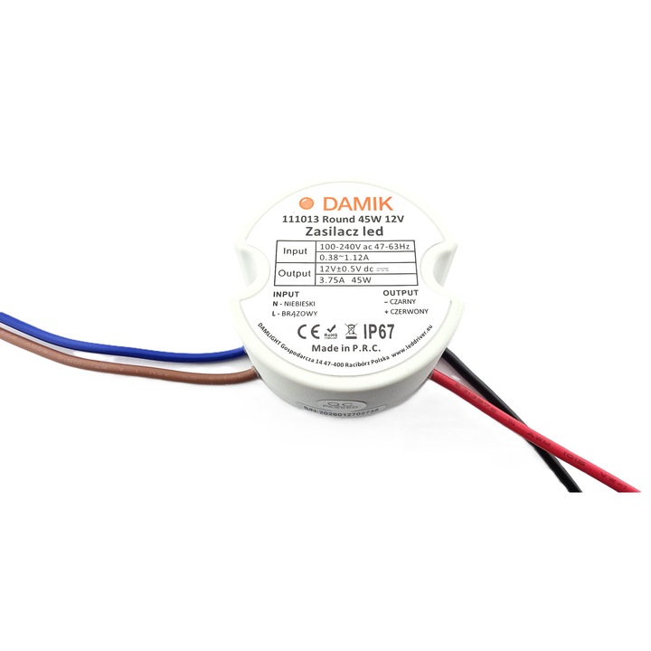 Захранване за LED лента DAMIK 12V 45W вградено 3.7A кръгло IP67 Кръгло 45-12