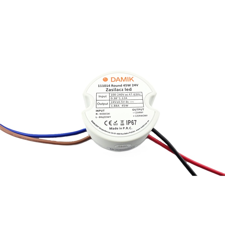 Захранване за LED лента DAMIK 24V 45W вградено 1.9A кръгло IP67 Кръгло 45-24