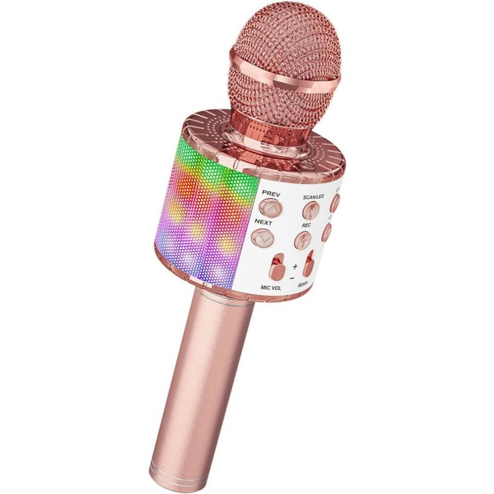 Hordozható karaoke mikrofon, 4 az 1-ben, rózsaarany, 22.5x7.6x7.6cm, Bluetooth