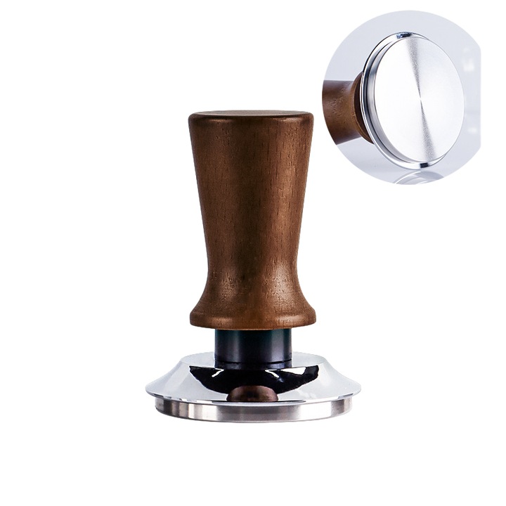 Kávétömörítő kalapács, automata visszatérő rendszerrel, ORBER, rugós kalapács, kávétömörítő tartozék, lapos, 58 mm, tömör fa/rozsdamentes acél, 6 × 6 × 9 cm, barna
