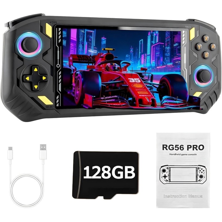 Consola retro portabila, ecran IPS de 5, 5 inci, peste 31000 de jocuri 3D clasice, baterie de 5000 mAh, sistem Linux deschis, consola portabila cu card TF de 128 GB, negru