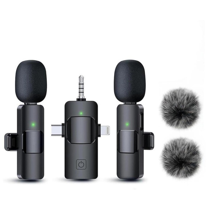 Vezeték nélküli lavalier mikrofon, 2,4 GHz, zajcsökkentés, fekete, USB-C iOS Android, 4 óra üzemidő, 20 m hatótáv