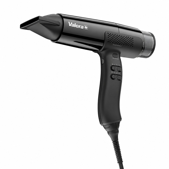 Uscator de par profesional Valera VanityCare AI 2000W -Feon, 18 setari de temperatura/flux aer, Motor Digital EXENTIAL 100K, 80 m3/h, 295 g, Ionizare, Auto-Clean Filter, ROTOCORDm buton aer rece, Silentios 67 dB, fabricat in Elvetia