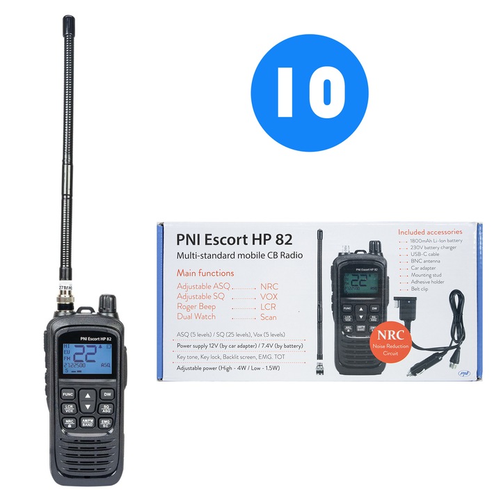 Bax 10 db PNI Escort HP 82 hordozható CB rádióállomás, multi standard, 4W, 12V, AM-FM, NRC, Dual Watch, Roger Beep, állítható ASQ SQ, VOX