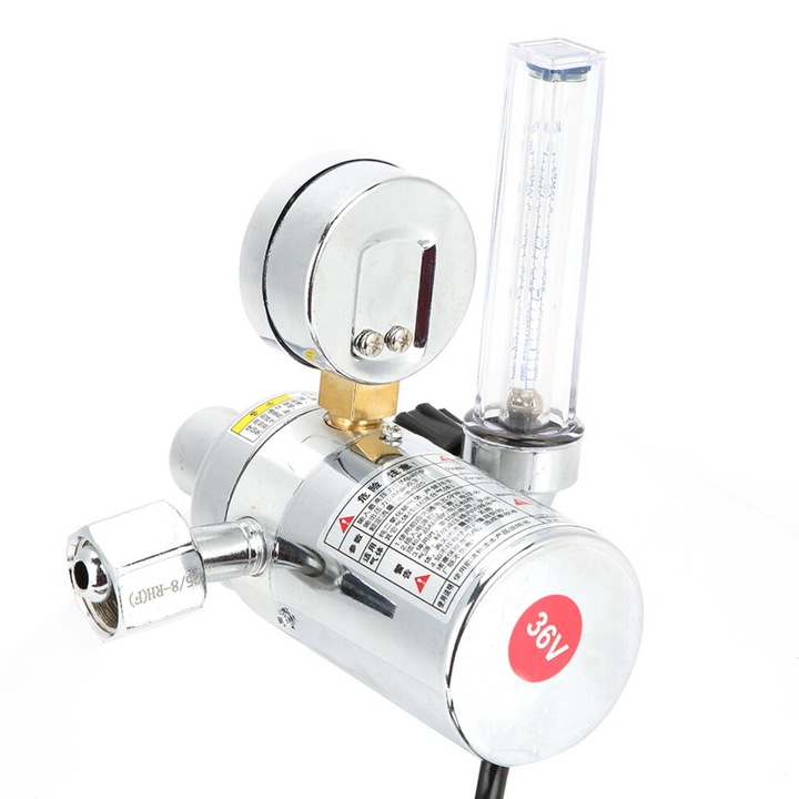 Regulator de presiune CO2, cu manometru si debitmetru, incalzire electrica 36V (220V optional), corp din aliaj de zinc, debit 25 m³/h, presiune intrare max. 15 MPa, argintiu