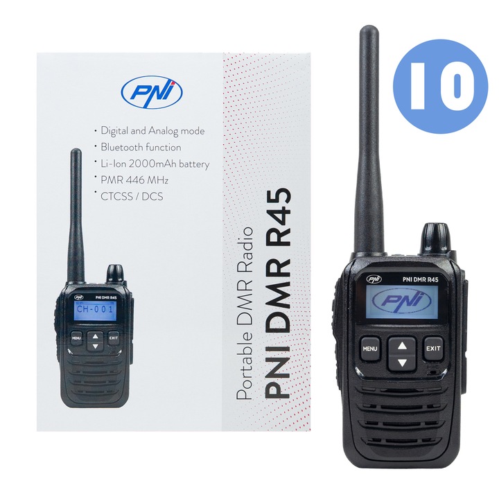 Doboz 10 db PNI DMR R45 hordozható rádióállomással, digitális és analóg, 446MHz, 16 digitális és 99 analóg csatorna, hangrögzítési funkció, 2000mAh Li-Ion akkumulátor