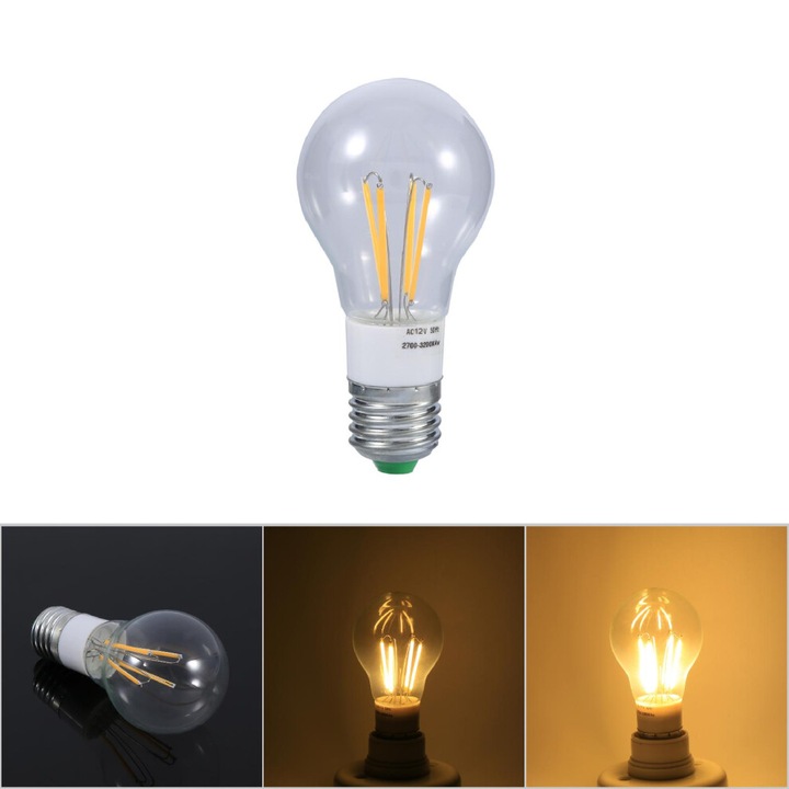 Bec LED filament E27 12V 4W meleg fehér 6x10.5cm
