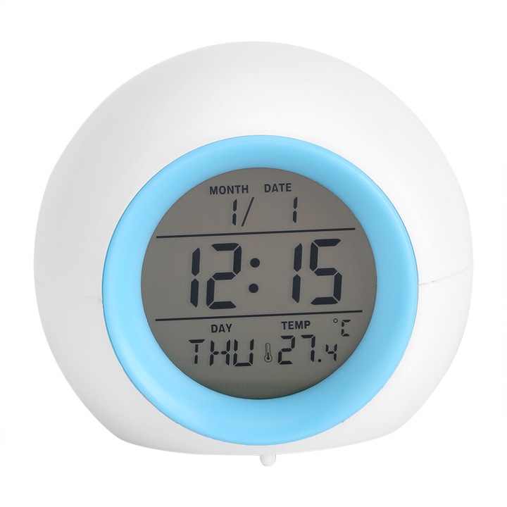 Ceas desteptator LED schimbare 7 culori digital alb-albastru 12x7x5cm