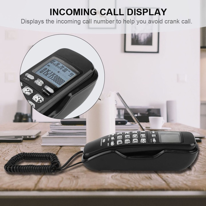 Telefon fix de perete cu afisaj apel, redialare, anulare zgomot, protectie la trasnet, negru, 20x7.5x7 cm