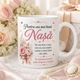 Cana Personalizata Cadou pentru Nasa „Pentru cea mai buna nasa”, Ceramica, 330 ml, Design Floral Roz, Mesaj Emotionant, Alba