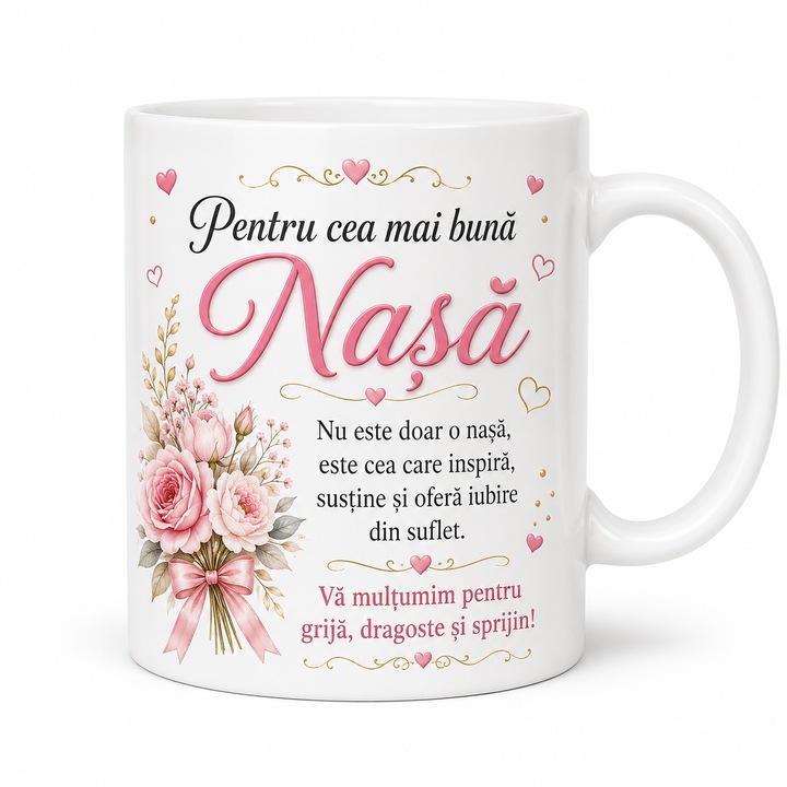 Cana Personalizata Cadou pentru Nasa „Pentru cea mai buna nasa”, Ceramica, 330 ml, Design Floral Roz, Mesaj Emotionant, Alba