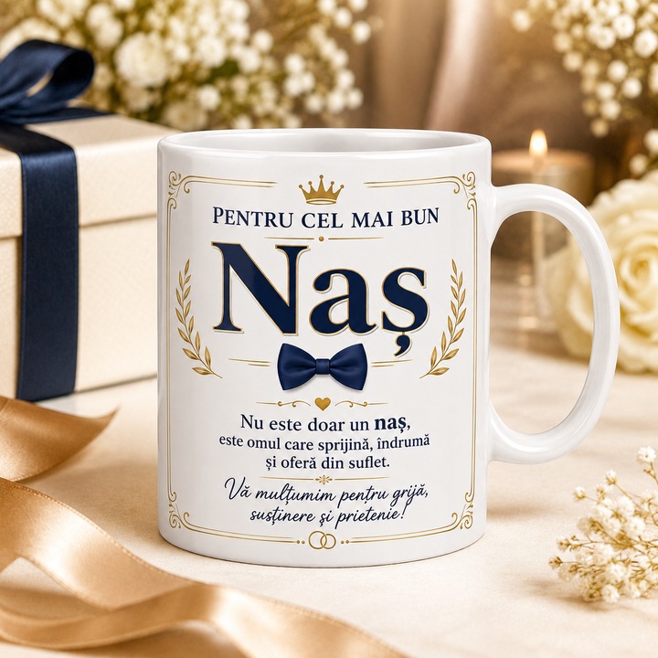 Cana Personalizata Cadou pentru Nas „Pentru cel mai bun Nas”, Ceramica, 330 ml, Mesaj Emotionant, Design Elegant, Alba