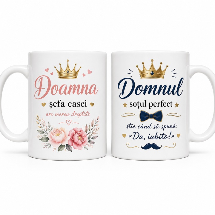 Set 2 Cani Cadou pentru Cuplu „Doamna – Sefa Casei” si „Domnul – Sotul Perfect”, Ceramica, 330 ml, Mesaje Amuzante, Alb
