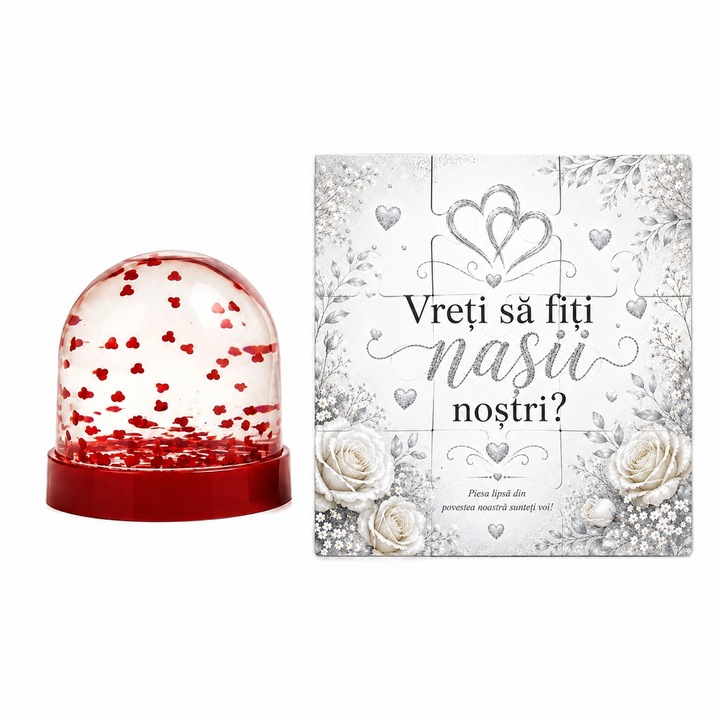 Cadou surpriza pentru viitorii nasi - Puzzle magnetic 9 piese, glob decorativ cu inimioare - Vreti sa fiti nasii nostri - Argintiu