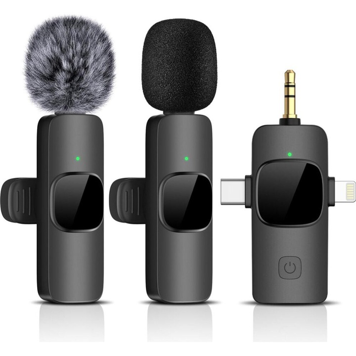 Vezeték nélküli lavalier mikrofon 3 az 1-ben, USB-C, fekete, hordozható, 20m hatótáv, 7h üzemidő