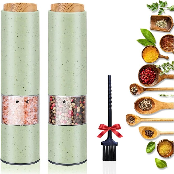 Set 2 ranite electrice sare si piper, mecanism ceramic, inox, verde, 6.3x20cm