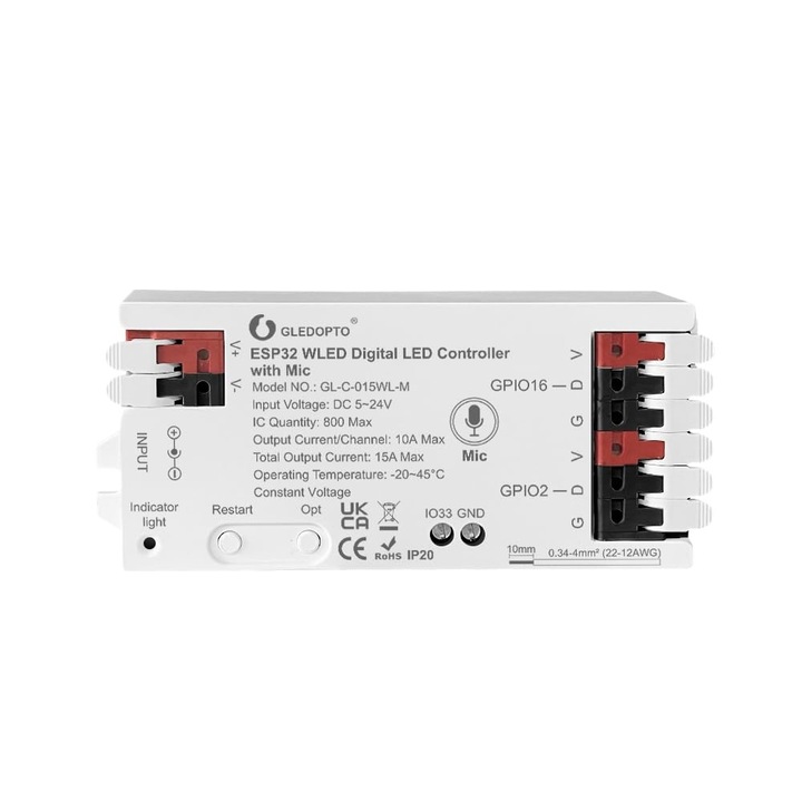 Vezérlő LED Digitális WLED ESP32 GLEDOPTO, Beépített Mikrofon, 100+ Effekt, RGB/RGBW, DC 5-24V, Wi-Fi, GL-C-015WL-M