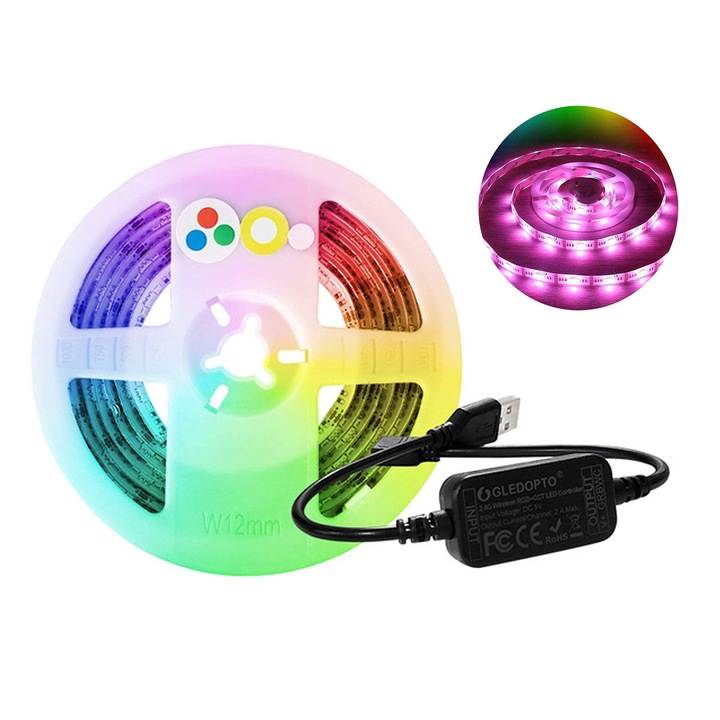 Banda LED RGB+CCT 2m, GLEDOPTO, ZigBee 3.0, USB, IP65, Controller Mini Inclus, Compatibila Alexa