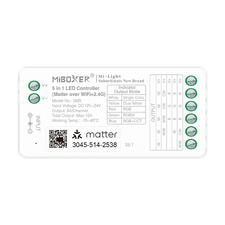 Vezérlő LED, Miboxer, Matter RGBCCT 5 az 1-ben, WiFi és 2.4GHz, 12-24V, SM5, Fehér