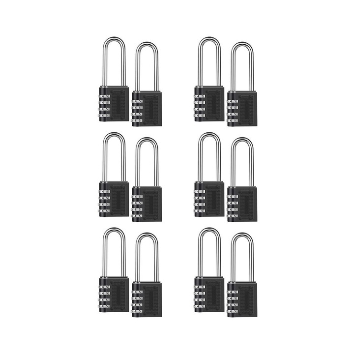 12 db kombinációs lakat készlet, hosszú kengyel, fekete, 11.1x4.1cm