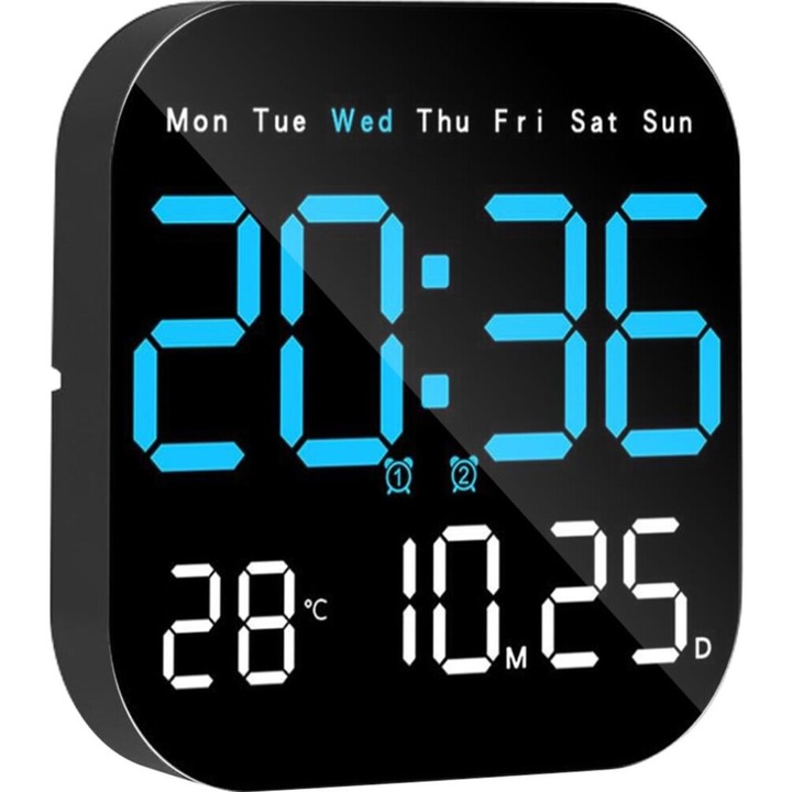 Többfunkciós LED falióra, kék, 18.5x2.8x18.5cm, távirányítóval és időzítővel
