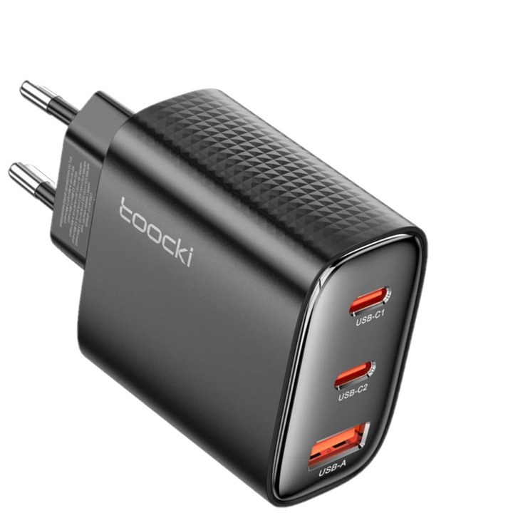Toocki GaN 40W hálózati töltő, USB-C PD + 2x USB-A, gyorstöltés, kompatibilis iPhone, Samsung, Xiaomi, iPad, EU csatlakozó, Fehér/Fekete