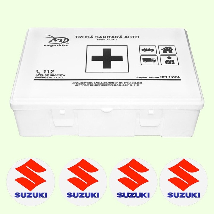 Trusa Medicala Auto Omologata R.A.R De Prim Ajutor, 20 de Articole medicale DIN 13164, 4x Stickere Auto Cu Suzuki