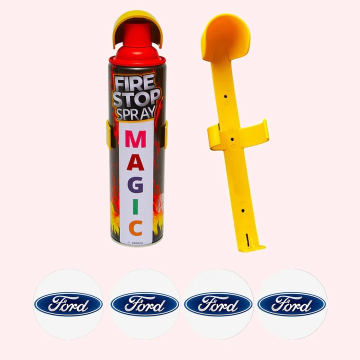 Stingator extinctor spray cu suport de prindere, Auto, Birou, Locuinte, Spatii Comerciale, Magic, capacitate 1000 ml, 4 Stickere auto cu Ford