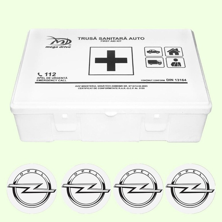 Trusa Medicala Auto Omologata R.A.R De Prim Ajutor, 20 de Articole medicale DIN 13164, 4x Stickere Auto Cu Opel
